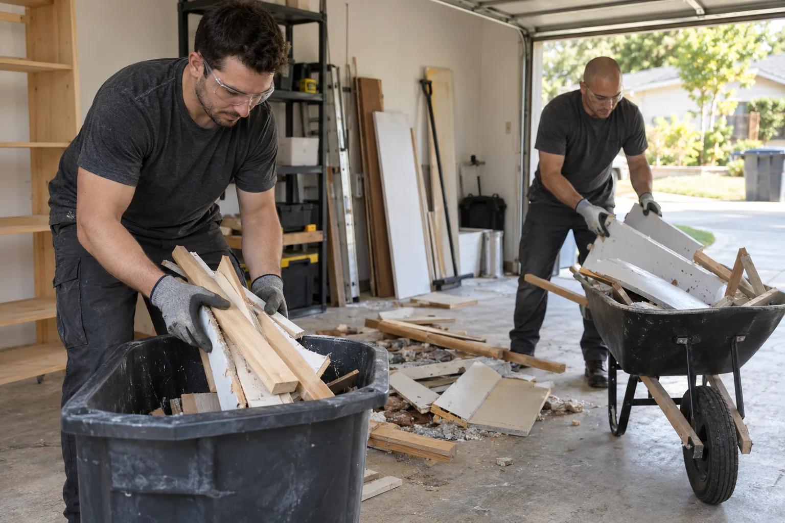 Garage service crew completing garage debris removal