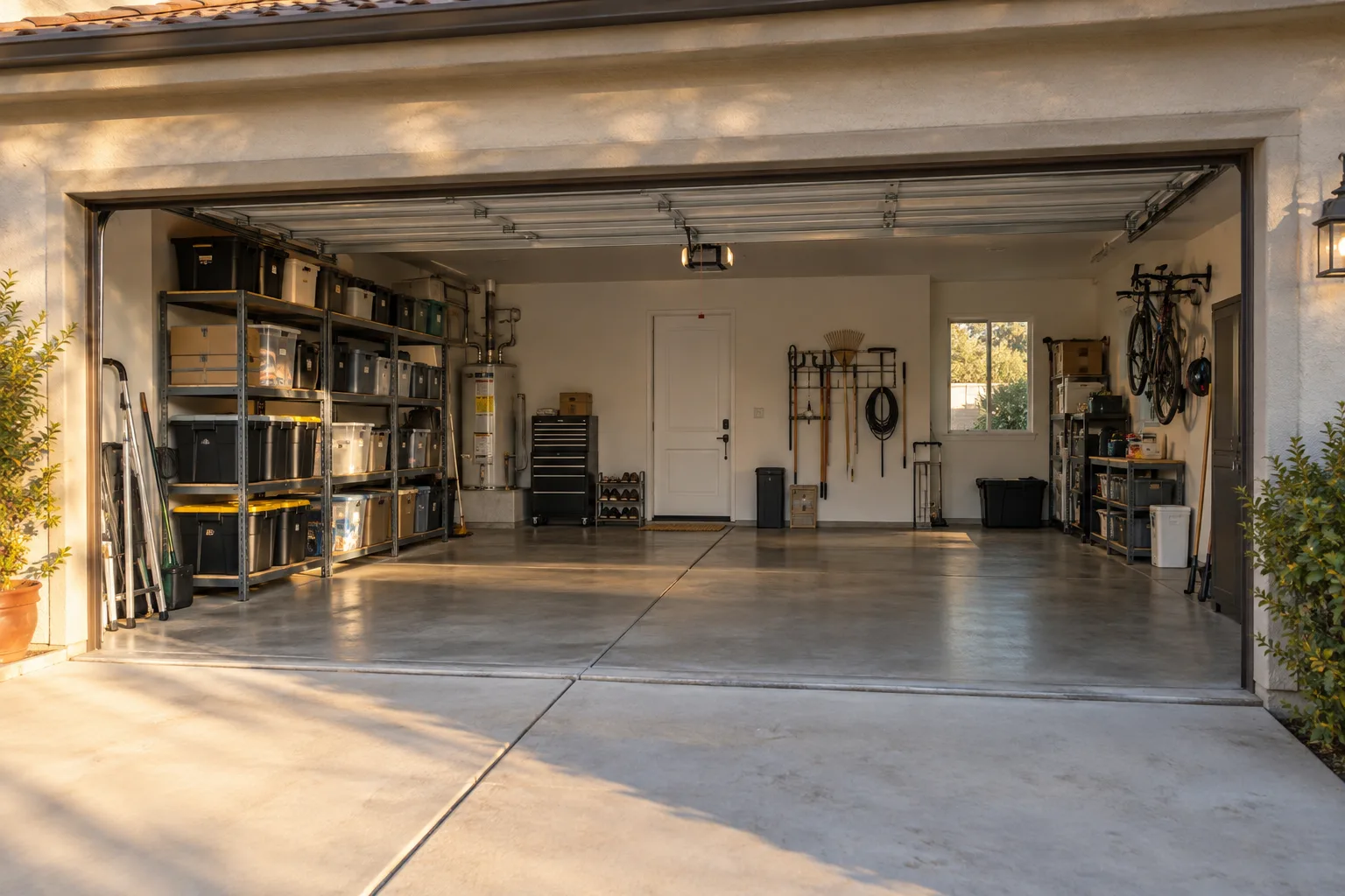 Organized two-car garage with clear floor space after a cleanout